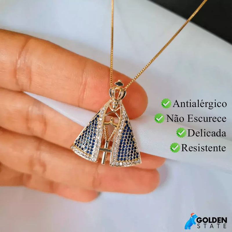 (COMPRE 1 LEVE 2) Colar Nossa Senhora Aparecida - Dupla Face com Manto de Zircônia | Antialérgico 45cm